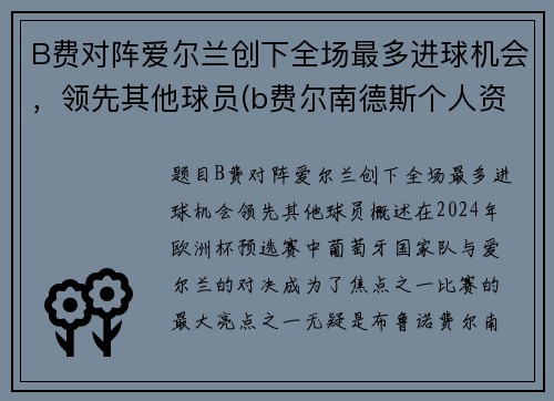 B费对阵爱尔兰创下全场最多进球机会，领先其他球员(b费尔南德斯个人资料曼联)